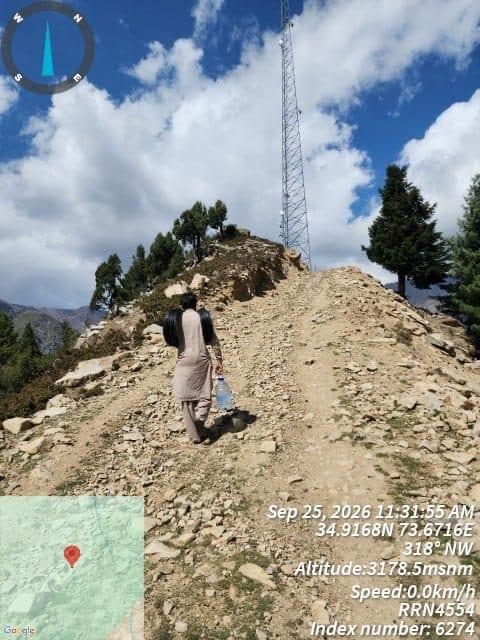 Field team traversing mountain terrain